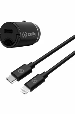 Celly Mobiltelefoner, Tablets & Tilbehør-Biloplader Mini USB-C PD 20W + USB-C til Lightning-kabel