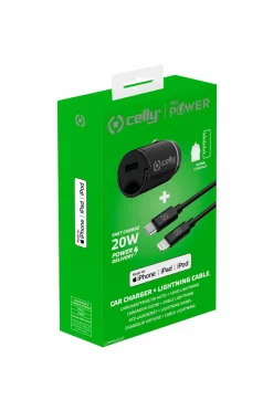 Celly Mobiltelefoner, Tablets & Tilbehør-Biloplader Mini USB-C PD 20W + USB-C til Lightning-kabel