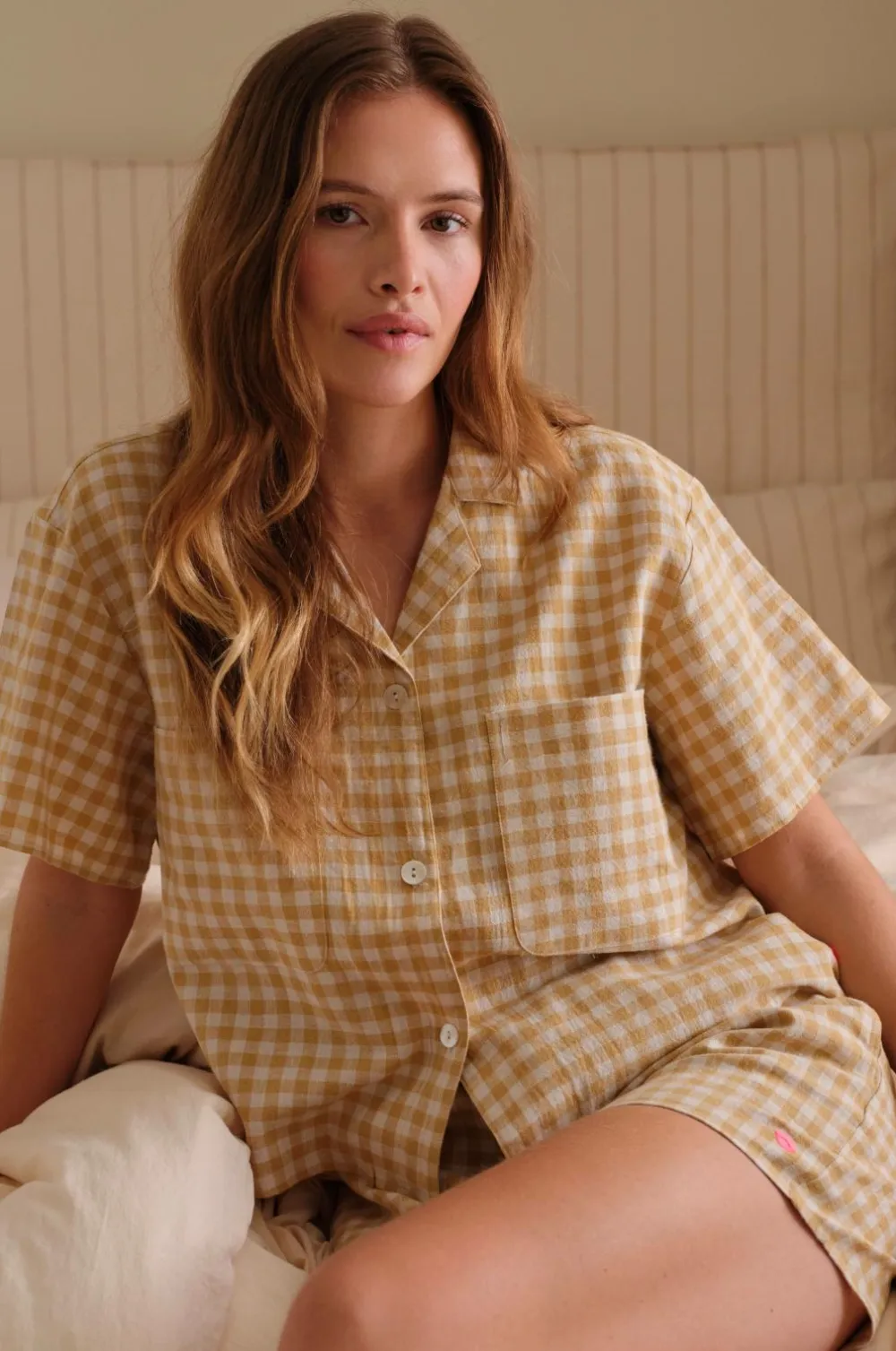 Ellos Homewear-Home Skjorte Elly Check Camp Collar i genanvendt halvlinned