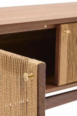 Kave Home Tv-Bænke-Elan Tv skab 3 døre finer og massiv valnød og snor 200 x 50 cm Fsc 100% Fsc