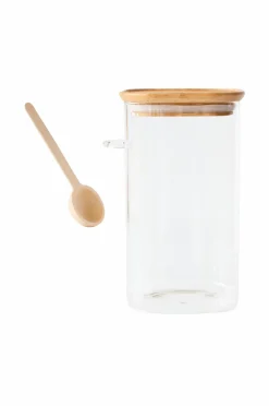 Pebbly Køkkenopbevaring-Høj glasbeholder med bambuslåg og måleske - 1400 ml
