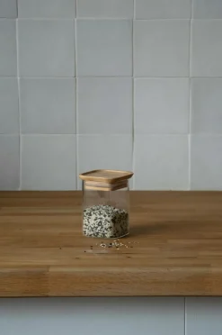 Pebbly Køkkenopbevaring-Sæt med 2 firkantede glasbokse Xs med bambuslåg - 240 ml