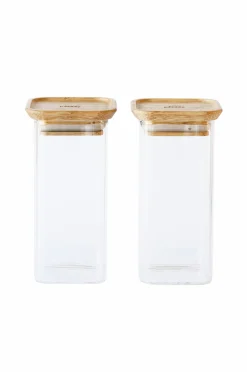 Pebbly Køkkenopbevaring-Sæt med 2 firkantede glasbokse S med bambuslåg - 320 ml